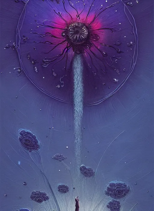 Image similar to detailed, intricate blue black and purple papaverum flower on the field, nebula, galaxy in the sky, winning award masterpiece, fantastically beautiful, illustration, aestheticly inspired by beksinski and dan mumford, upscale with simon stalenhag work, artstation, 8 k