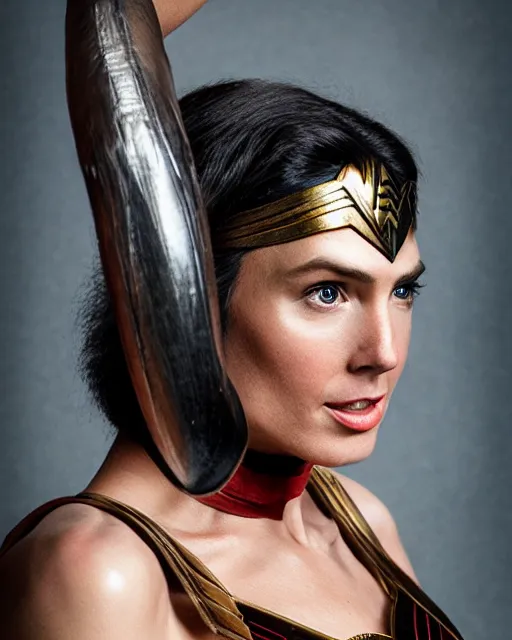Prompt: Wonder Woman as a Chimpanzee, Makeup and Prosthetics in the Style of Rick Baker, hyperreal and Detailed+Studio lighting+photography in the style of Annie Leibovitz