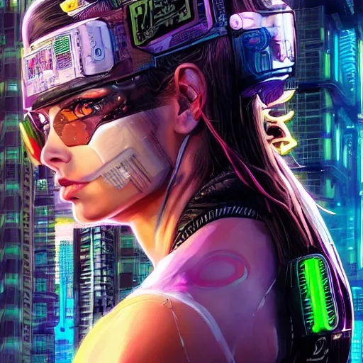 Image similar to a portrait of a neon cyberpunk young girl by sandra chevrier, detailed render, epic composition, cybernetics, 4 k realistic, cryengine, realistic shaded lighting, sharp focus, masterpiece, by matteo scalera, gary montalbano, peter elson in the style of the tokyo ghost comic