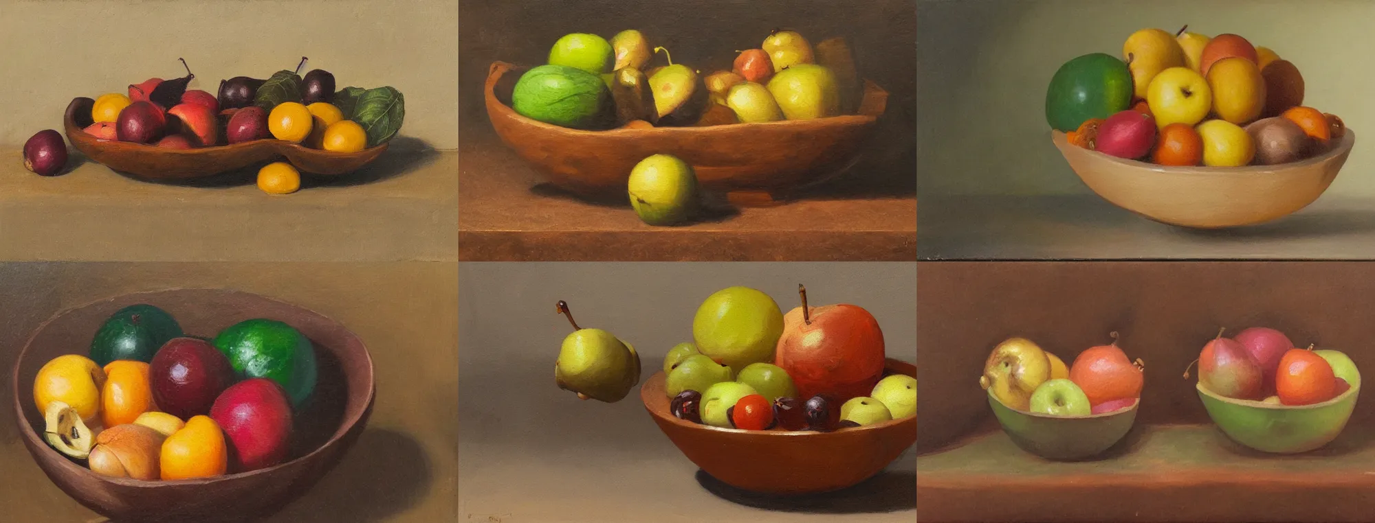 Prompt: a wooden bowl with impossible fruits, oil painting, dead nature study