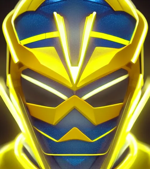 Prompt: symmetry!! yellow ranger, lightning - bolt - shaped helmet!!, hard edges, product render retro - futuristic poster scifi, lasers and neon circuits, yellow ranger, thunder, lightning, intricate, elegant, highly detailed, digital painting, artstation, concept art, smooth, sharp focus, illustration, dreamlike, art by artgerm