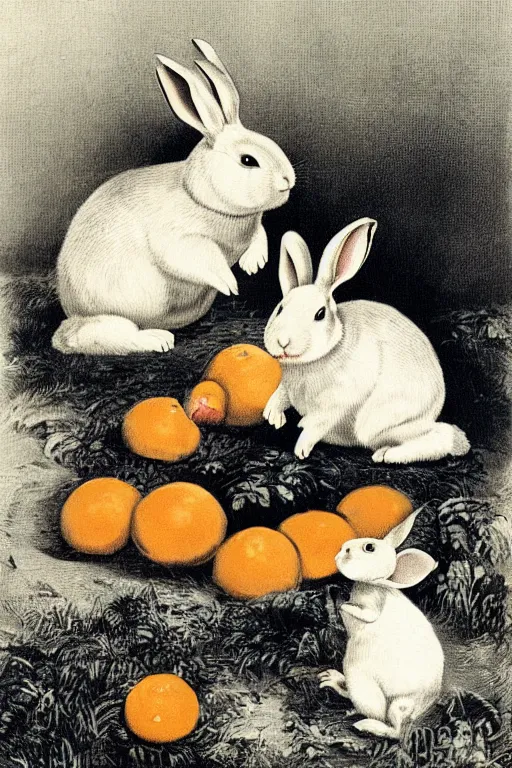 Prompt: fat rabbits with oranges vintage photograph