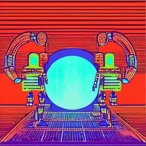 Image similar to “ a picture of a shiny chrome robot walking through outer world desert, a retro chrome sci - fi art by moebius, a path made of a detailed neon circuit board, orange desert, bright clean blue sky, retro sci - fi adventures ”