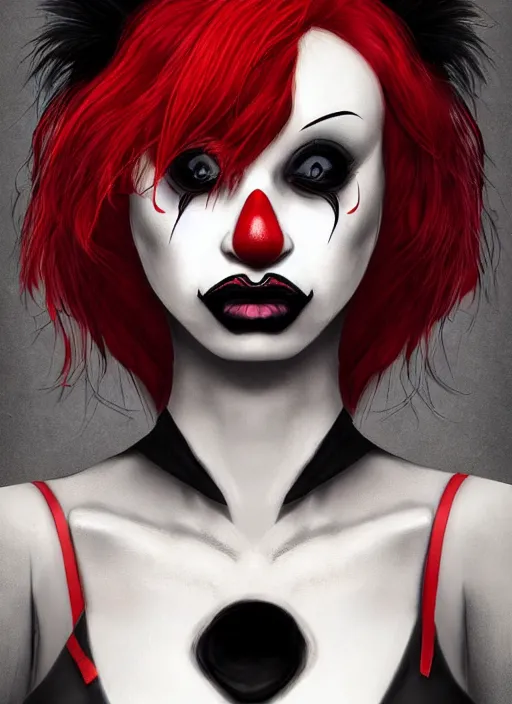 Image similar to A high quality illustration of a goth-clown hybrid with red hair, trending on artstation, hd, behance contest winner, cute
