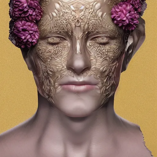 Image similar to beatifull face portrait of a woman, 150 mm, anatomical, flesh, flowers, mandelbrot fractal, facial muscles, veins, arteries, intricate, golden ratio, full frame, microscopic, elegant, highly detailed, ornate, ornament, sculpture, elegant , luxury, beautifully lit, ray trace, unreal, 3d, PBR, in the style of peter Gric , alex grey and Romero Ressendi