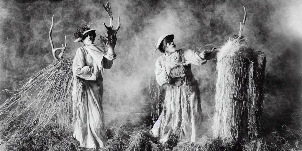 Prompt: 1 9 2 0 s spirit portrait photography of an old female farmer turning into a krampus ghost with hay cloth and antlers in the dolomites, smoking from mouth, casting a root spell, inviting hand, witchy, wicca, by william hope, dark, eerie, grainy