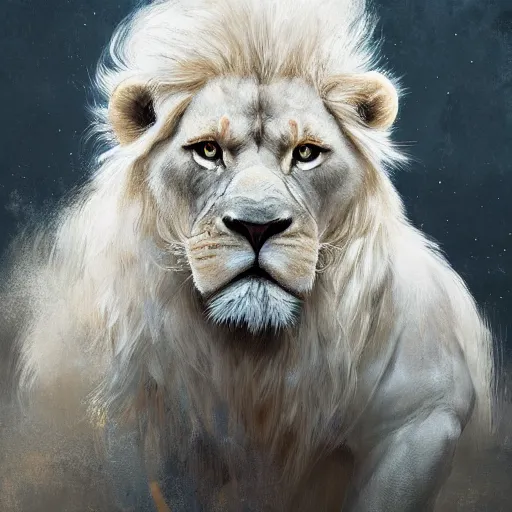 Image similar to commission portrait of a fit albino male lion,anthro,character design by charles bowater,greg rutkowski,ross tran,hyperdetailed,hyperrealistic,4k,deviantart,artstation,professional photography,concept art