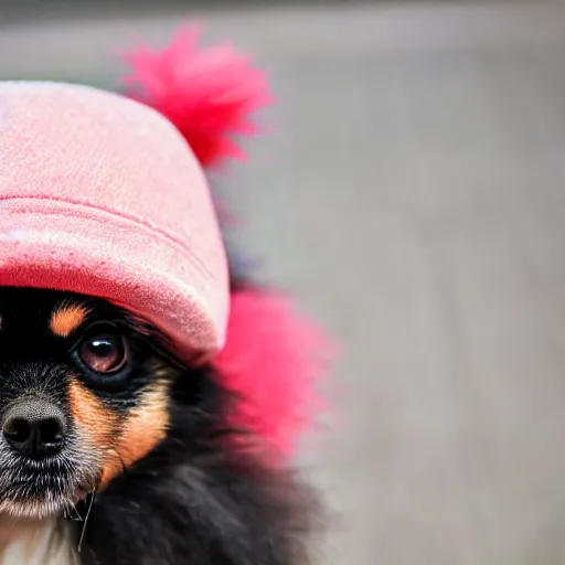 Image similar to close - up of a pomeranian wearing a a hat that reads women want me fish fear me, high resolution photo