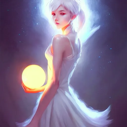 Image similar to a woman in a white dress holding a glowing ball | with nine white fox tails | a detailed painting by ross tran | wlop!!!!!!!!!!!!!!! and stanley artgerm lau | featured on deviantart | fantasy art | anime | 2 d game art | official art