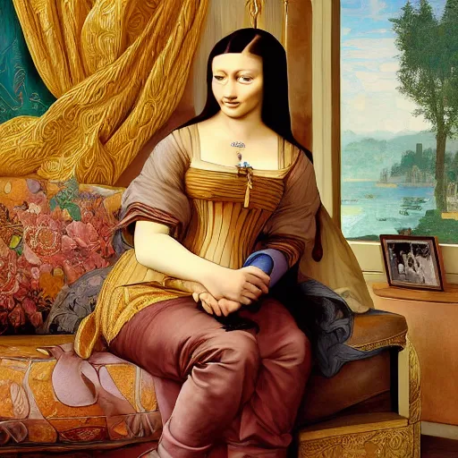 Image similar to Monalisa is sitting on her living room couch. She is dressed casually and is watching TV, Regal, Realistic, Refined, Detailed Digital Art, Josephine wall, Oil Painting, William-Adolphe Bouguereau, Art Frahm, Esao Andrews, Steampunk, Walt Disney (1937), Highly Detailed, Cinematic Lighting, Unreal Engine, 8k, HD