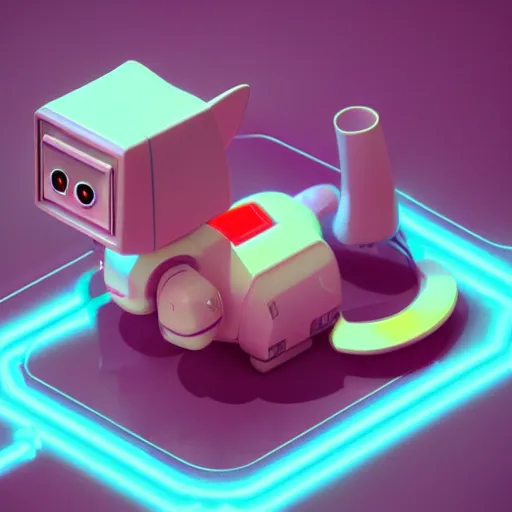 Image similar to isometric cute cat robot in a house, realistic 3d model, very colourful, hdr, cinematic lighting, hard light, soft neon, octane render, trending on Artstation