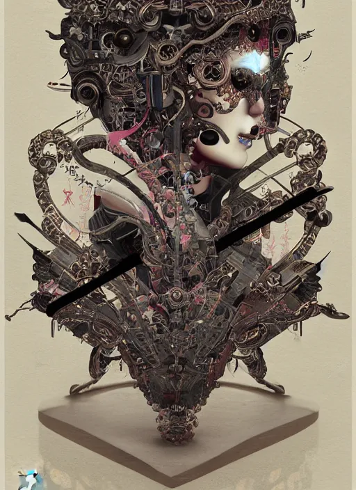 Image similar to portrait of a seductive cyborg yakuza with weapons, imari, modern fine art, fractal, in the style of ghosts in the machine, intricate ornaments, elegant, highly detailed, digital photography, subsurface scattering, by mc escher and greg rutkowski,