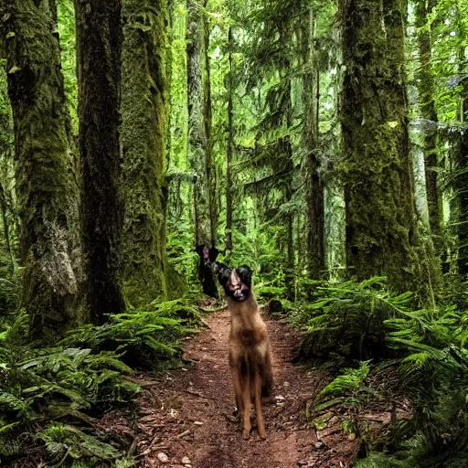 Prompt: lush forest trail, friendly skinwalker posing for camera, smiling, cryptid, professional photography