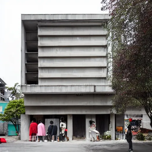 Prompt: exterior shot of a brutalist concrete house in the middle of a busy asian market