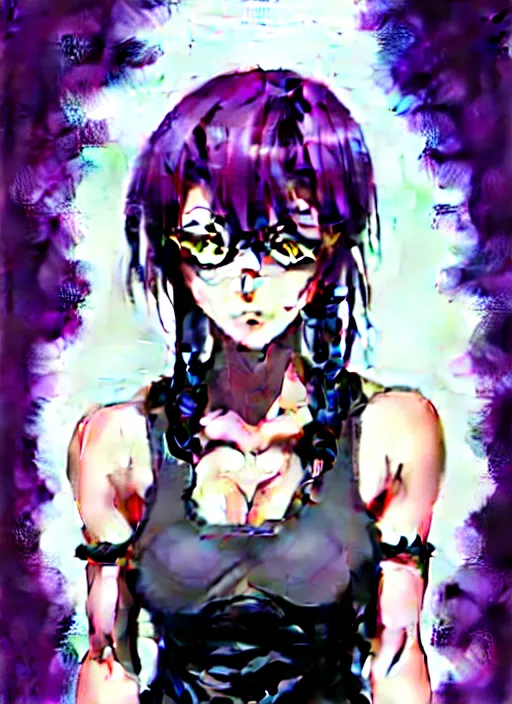 Image similar to style of madhouse studio anime, rei hiroe black lagoon manga, loish, artgerm, joshua middleton comic art, portrait of revy from black lagoon, purple hair, chinese, symmetrical eyes and symmetrical face, jean shorts, white tank top, waist up, sarcastic evil smirk on face, natural lighting, sky and ocean background