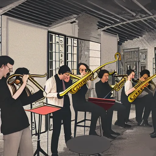 Image similar to architecture students drawing a jazz band playing in a busy underground bar, photorealistic, 8k