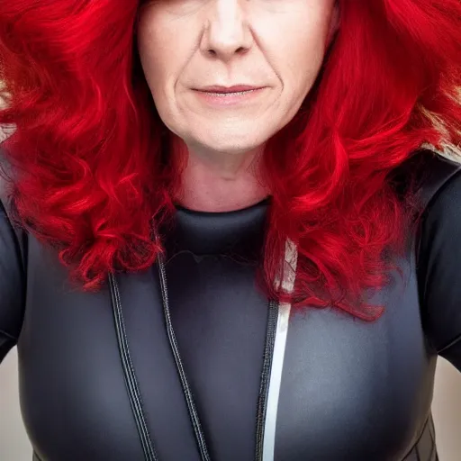 Prompt: photograph of a red haired, middle aged balding superhero