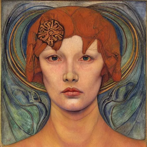 Image similar to the little robor queen, by annie swynnerton and diego rivera and lucien freud and jean delville, symbolist, dramatic lighting, elaborate geometric ornament, head and shoulders view, art brut, soft pastel colors, smooth, sharp focus, extremely detailed, adolf wolfli, leo and diane dillon, nicholas roerich