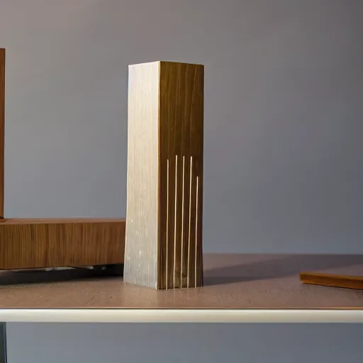 Prompt: maquette model of an modern reliquary sitting on a conference table in modern architecture office, mysterious auction, bass wood, balsa wood, architectural presentation, internally lit