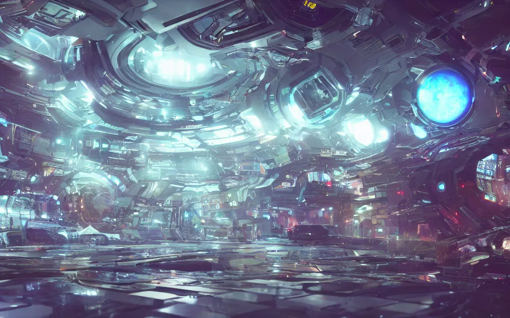 Image similar to multi dimensional transporter gate in space inside a bustling space bazaar, concept art, digital art, illustration, sharp focus, octane render, by julian calle, trending on artstation