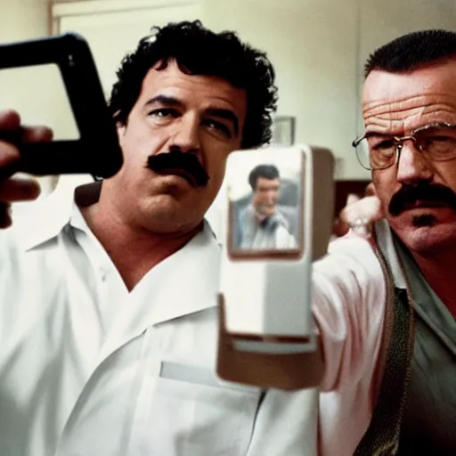 Prompt: walter white taking a selfie with pablo escobar, hd 4 k photo