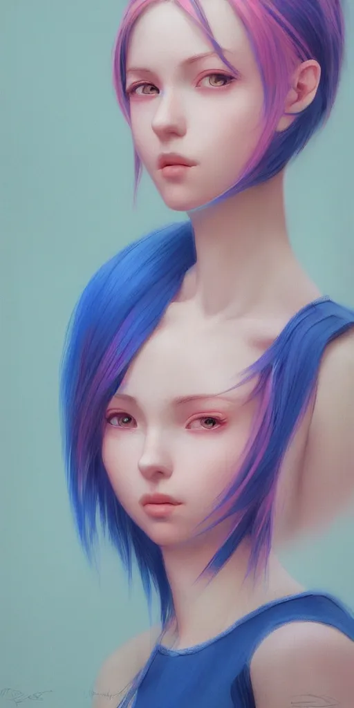 Image similar to a singular beautiful girl with pink and blue dyed hair, realistic female portrait, highly detailed, by ilya kuvshinov, makoto shinkai, photorealistic