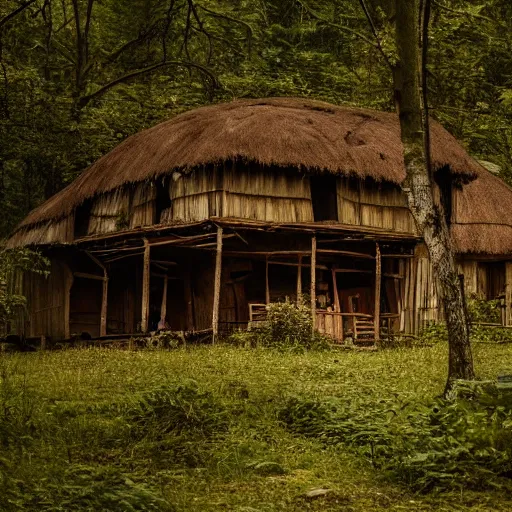 Image similar to a cinematic movie shot of a rustic multi-story ramshackle hut in the magical forest