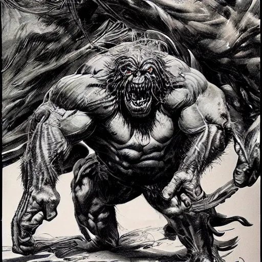 Image similar to hairy, thick muscled, overbearing, hungry, menacing, giant painted by bernie wrightson,