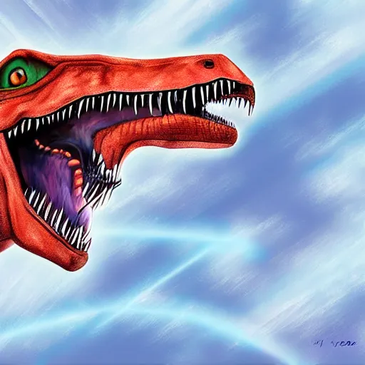 Prompt: a detailed digital art painting of a trex dinosaur fighter jet chimera sharp teeth