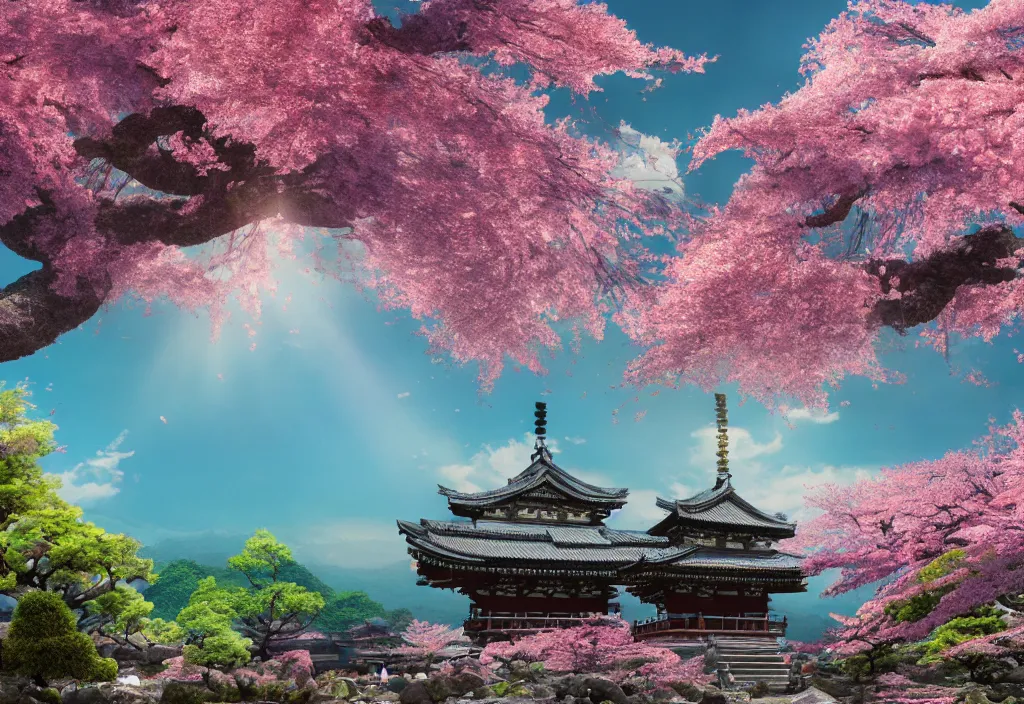 Image similar to An ancient shinto temple from Feudal Japan, cherry blossom trees, temple ruins, plant vegetation, fluffy clouds, sun rays, hyper realistic, high details, vivid colors, intricate details, artstation, octane, 8k