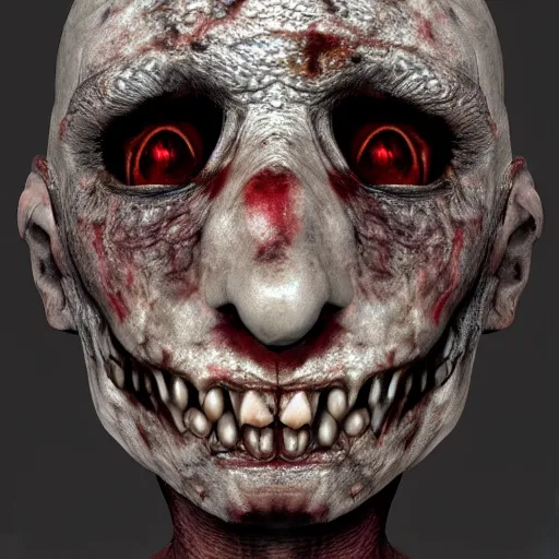 Prompt: creepy scary face with deteriorated skin and wide open eyes, burnt, dark, horror face, scary, dark, photorealistic, surreal, cosmic horror, 8 k, extreme details, detailed face