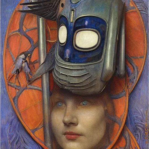 Image similar to the bird queen with her robot mask, by annie swynnerton and diego rivera and elihu vedder, symbolist, dramatic lighting, elaborate geometric ornament, head and shoulders view, art brut, soft cool colors, smooth, sharp focus, extremely detailed, adolf wolfli, donato giancola