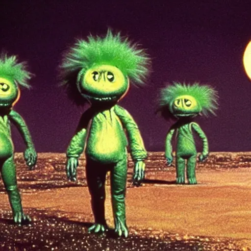 Prompt: 1 9 7 6 synthetic fur monsters with large eyes, standing on a martian landscape, cinematic movie scene, inspired by the movie the fifth element
