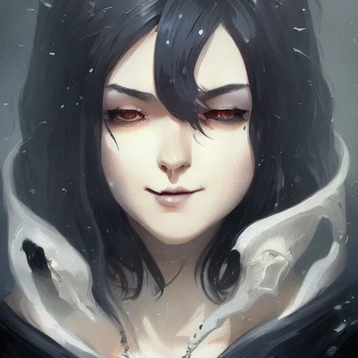 Image similar to female human vampire witch in the style of greg rutkowski, makoto shinkai, trending on artstation, character design, concept art, pretty face, highly detailed, long black hair, portrait, digital art