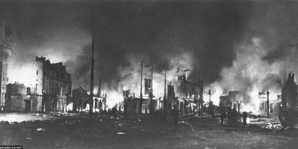 Image similar to a colour photo taken at night of saint - malo street on fire after a bombing in 1 9 4 5