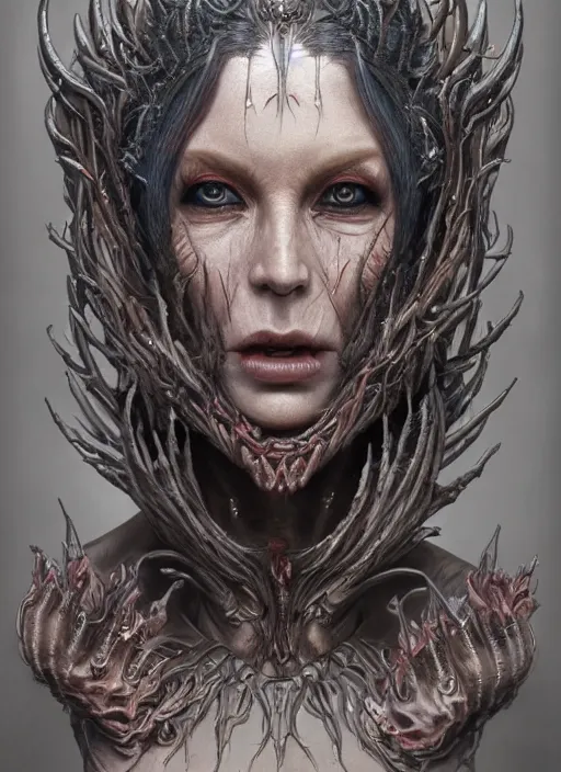 Image similar to a hyper detailed full face portrait of human transforming into the queen of blades, diablo 4 lilith, sideshow figurines, by dorian cleavenger, greg rutkowski, wlop, astri lohne, zdzisław beksinski trending on artstatio