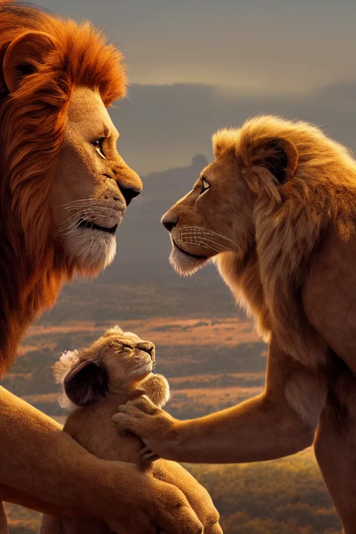 Image similar to joe biden greets simba from lion king, symmetry, awesome exposition, very detailed, highly accurate, 8 k, furry