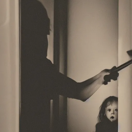 Prompt: a little girl in your house in the darkness holding a knife
