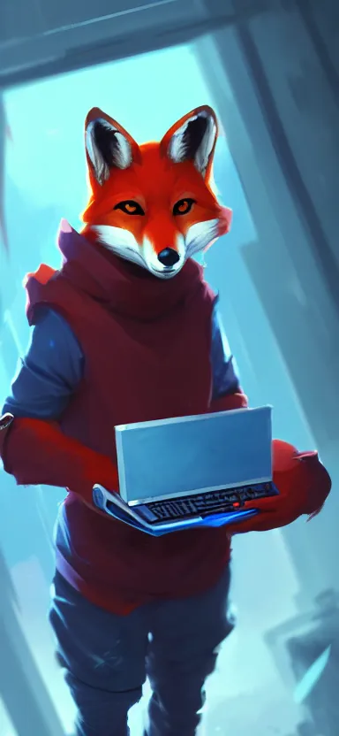 Prompt: a league of legends concept art of an anthropomorphic red fox in a blue hoodie hacking a portable computer, front view, hacker emblem, artstation, digital art, oc commission, style by jordan grimmer and greg rutkowski, 4 k resolution