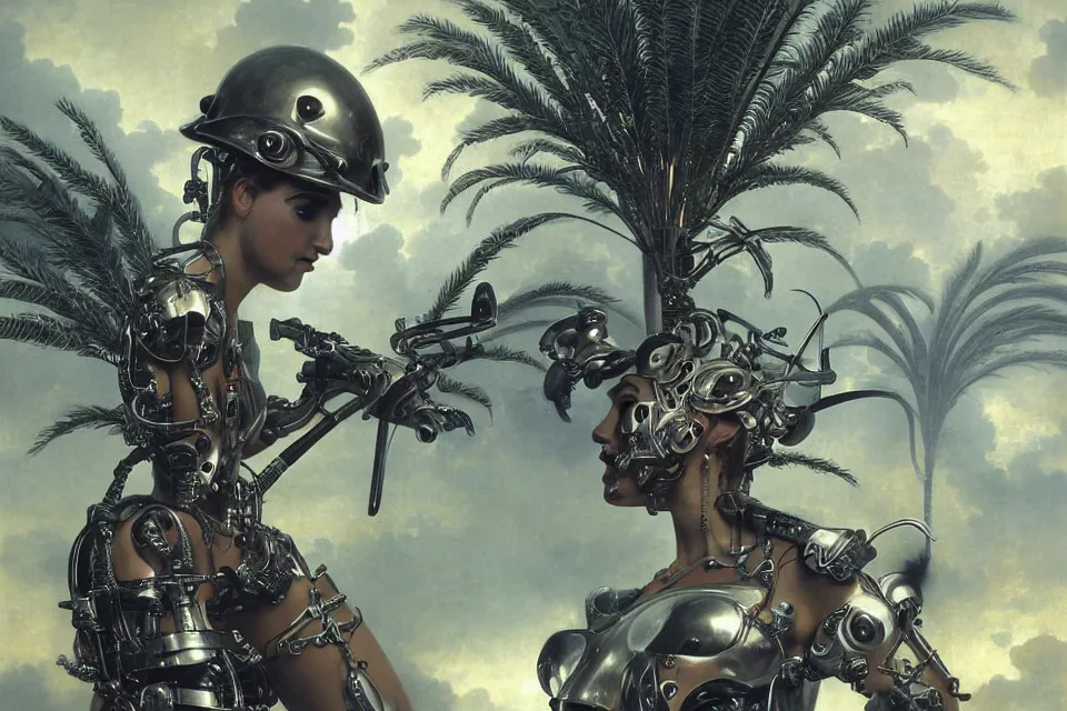 Prompt: an extreme close - up of a cyborg nymph wearing helmets of emperor charles v the wise playing with a giant insect surrounded by saxophones, palm trees, jungle fruit, and stylized designer modular chrome eye candy, volumetric light caustics clouds of smoke, by hajime soryama, boris vallejo, bouguereau, kim keever