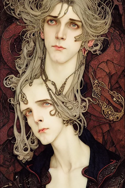 Image similar to edmund dulac, leyendecker, highly detailed portrait, a beautiful androgynous sebastian michaelis, long hair, tall and thin, wearing several pendants, art nouveau, stephen bliss, unreal engine, by greg rutkowski, loish, ferdinand knab, ilya kuvshinov, rossdraws, tom bagshaw, alphonse mucha, global illumination, radiant light