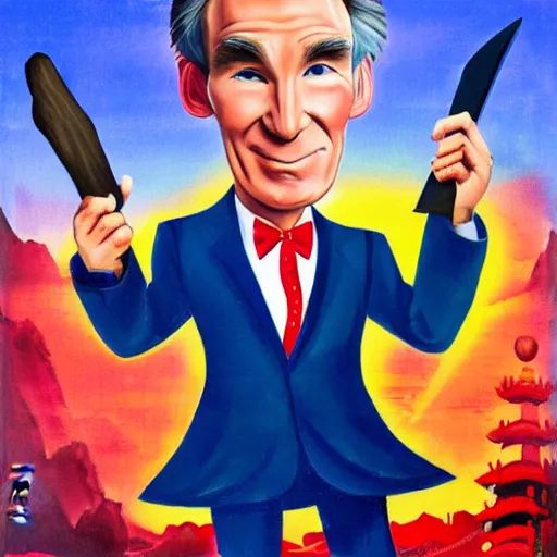 Prompt: chinese propaganda poster of bill nye holding a pickaxe, oil painting