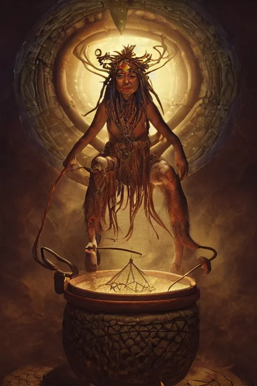 Prompt: a centered render of a wise and mystical tribal shaman brewing a cauldron that summons the souls of ancestors past, cinematic, beautifully lit, by brian froud, by karol bak, by donato giancola, 3 d, trending on artstation, octane render, 8 k