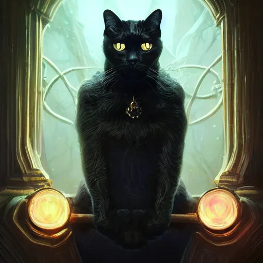 Image similar to Portrait of a black cat wizard, magic, fantasy, magical, intricate, cinematic lighting, highly detailed, digital painting, artstation, concept art, smooth, sharp focus, illustration, art by Artgerm and Greg Rutkowski, Cgsociety