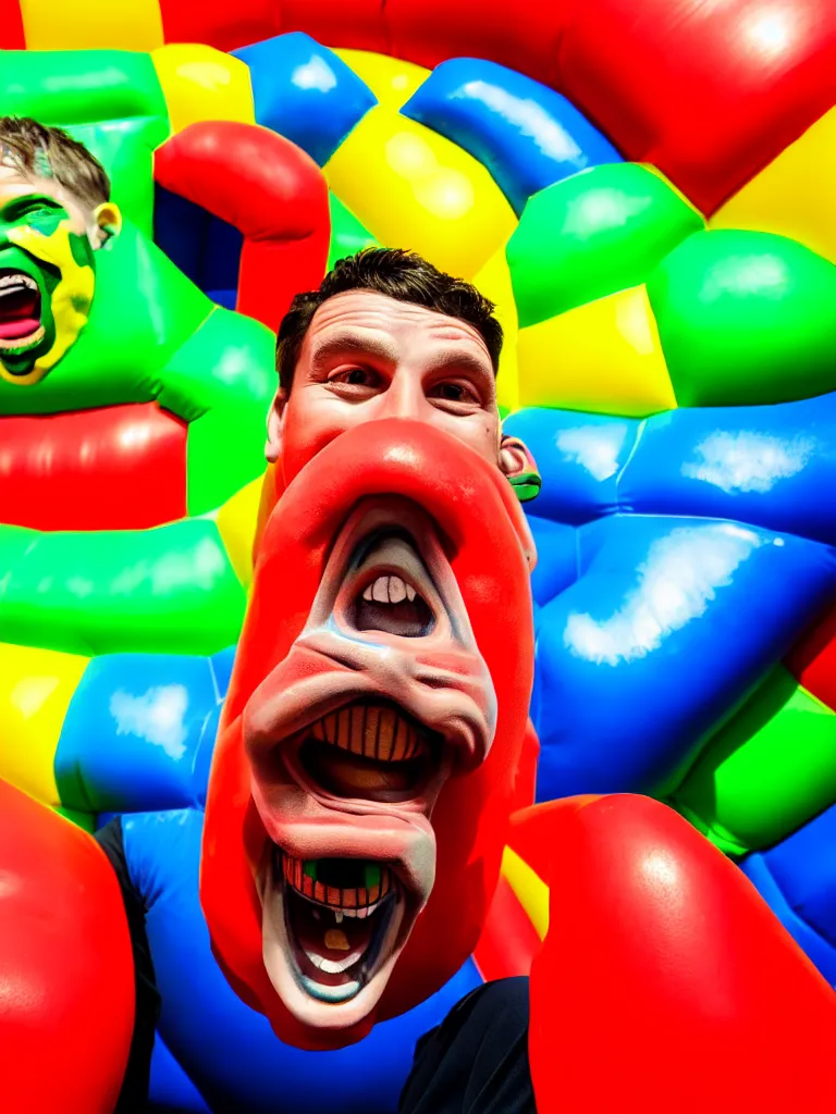 Prompt: a perfect portrait of a man whose skin forms a bouncy castle. he has at least 4 0 0 people inside, leaping and laughing. bright red yellow blue and green plastic embraces him like a kidnapper.