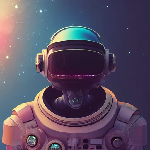 Image similar to cyberpunk astronaut bot, cinema 4 d, galaxy, ufo, space sci - fi, wearing vr goggles, illustration, portrait, pastel neon textured background night, trending on artstation, greg rutkowski, octane rendered, 1 2 k, detailed,