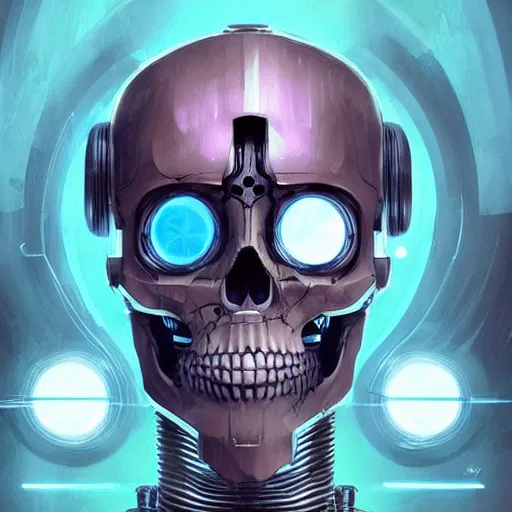 Prompt: skull - headed robot cyborg painting, illutstration, concept art, cyberpunk, futurism, comics art, artgerm