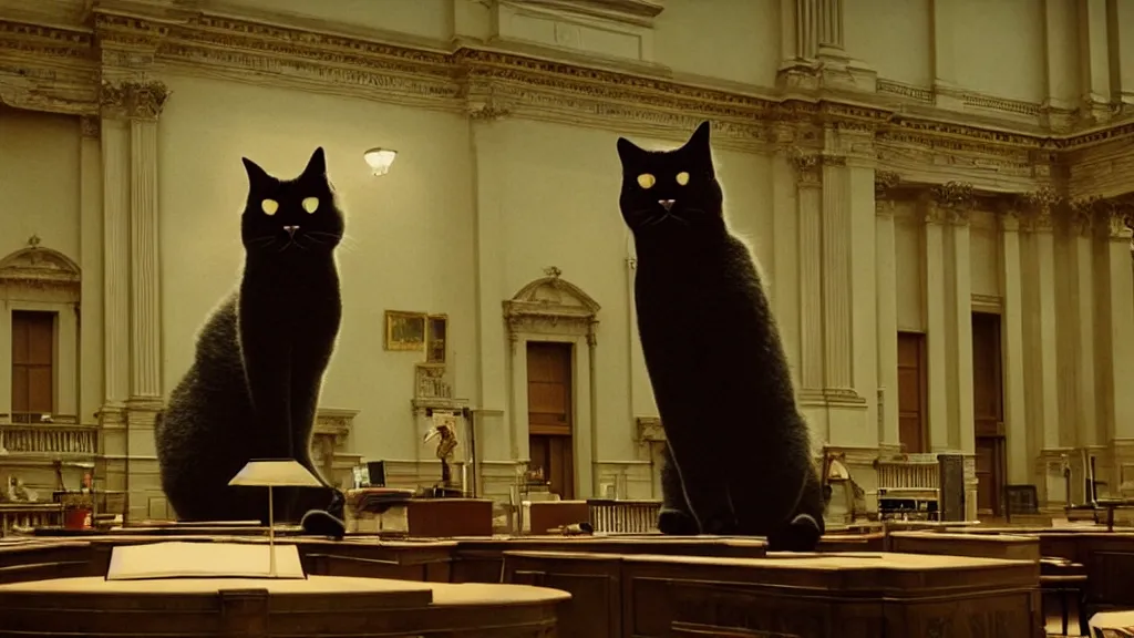 Image similar to the giant cat in city hall, film still from the movie directed by denis villeneuve and david cronenberg with art direction by salvador dali, wide lens