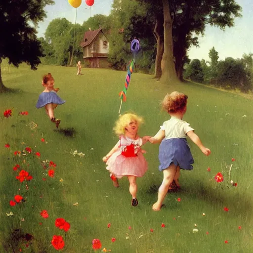 Prompt: idyllic cute toddler children running through meadows with lollypops, streamers, balloons, blue sky, flowers. dreamlike fantasy painting by norman rockwell, bouguereau. trending on artstation.