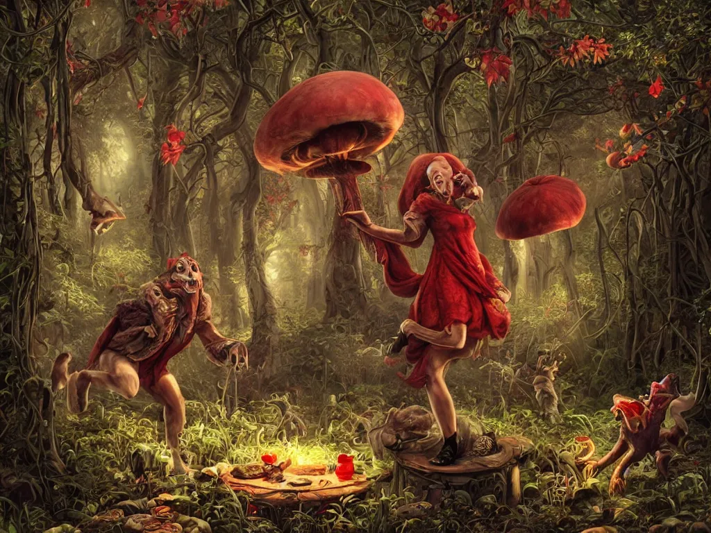 Image similar to Drunk mad mushroom-werewolf engaged in the social adaptation of little red riding hood. Photorealistic, lifelike, Unreal Engine, sharp, detailed, 8K, by Gerald Brom, Dan Mumford, Stephan Martiniere